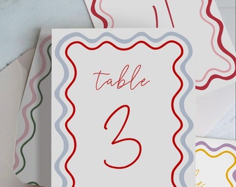 EDITABLE COLOR Wave Wedding Table Numbers Template | Printable Table Numbers | Wavy Card | Scalloped | Curvy | Swirl | Modern wedding, BH90