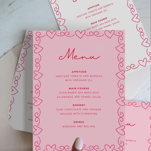 Szablon menu HEARTS do edycji, karta menu obiadowego do wydrukowania, menu na przyjęcie obiadowe z sercami, ręcznie malowane menu, różowy szablon menu, do wydrukowania