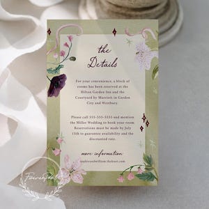 May include: A rectangular wedding details card with a pale green border and floral illustrations of pink and purple flowers. The text reads: the Details, For your convenience, a block of rooms has been reserved at the Hilton Garden Inn and the Courtyard by Marriott in Garden City and Westbury. Please call 555-555-5555 and mention the Miller Wedding to book your room. Reservations must be made by July 15th to guarantee availability and the discounted rate. more information, sophieandwilliam.theknot.com.