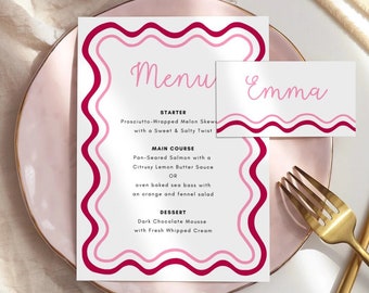 Pink Wavey Menu & Placecard Template, Instant Download Editable Menu, Hand Painted Colorful Bridal Shower Menu, Squiggly Template, EVERLY