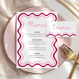 Pink Wavey Menü & Tischkarten Vorlage, Sofort Download Bearbeitbares Menü, Handgemaltes Buntes Brautparty Menü, Verschnörkelt Vorlage, EVERLY
