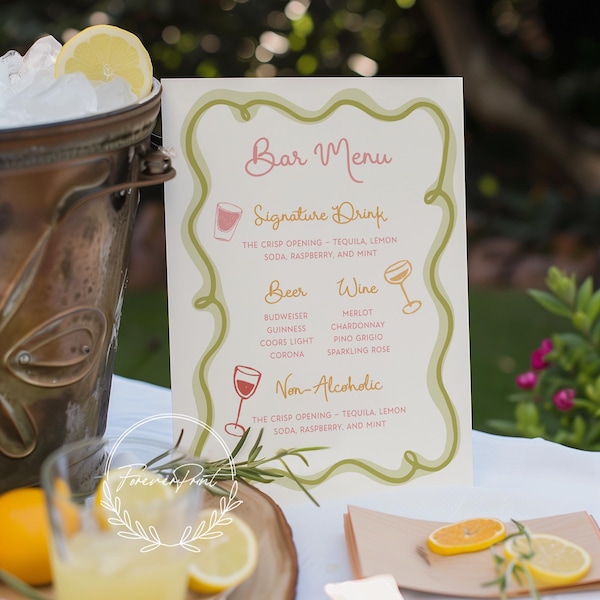 Squiggle Bar Sign Template, Hand drawn, Wedding/Bridal Shower Bar Menu, Drinks Sign, Editable Template, INSTANT DOWNLOAD, Wavy Curvy 028
