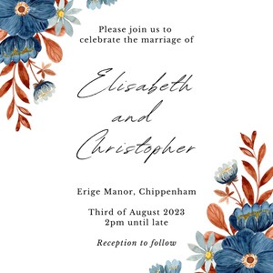 May include: Wedding invitation with watercolor floral design. The invitation features blue and white flowers with brown leaves and the names "Elisabeth and Christopher". The text includes the date, time, and location.