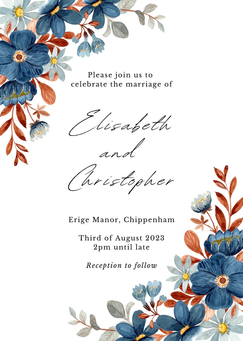 May include: Wedding invitation with watercolor floral design. The invitation features blue and white flowers with brown leaves and the names "Elisabeth and Christopher". The text includes the date, time, and location.