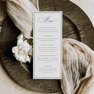 Elegant Wedding Menu Template, Formal Dinner Menu, Classic Black & White Editable Menu, Canva Template, Printable Reception Menu SCARLETT