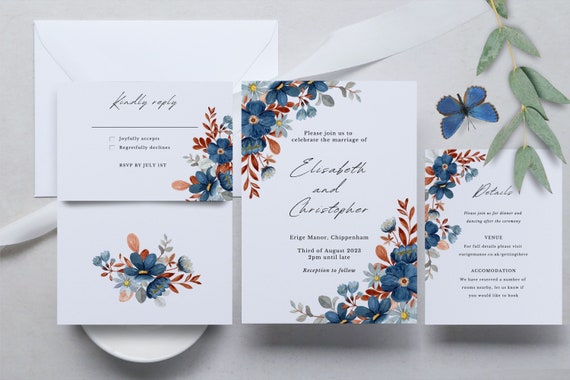 Navy Blue Wedding Invitation Template Download, Navy and rust Wedding, Navy and Orange Wedding invitation, fall wedding invite NAVY