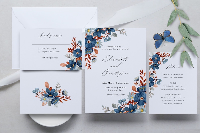 May include: Wedding invitation suite featuring watercolor floral designs in blue, rust, and white. The suite includes an invitation, RSVP card, details card, and envelope. The invitation text reads "Please join us to celebrate the marriage of Elisabeth and Christopher."