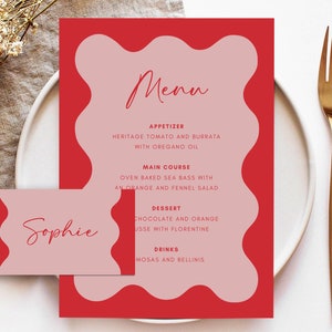 Pink Squiggle Menu Placecard Template, Instant Download Editable Menu Template, Bridal Shower Menu, curvy waves, Waves menu, Wedding Menu