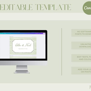 May include: A computer monitor displays a DIY editable template for Canva. The template features a design with the names "Chloe & Nich" and the date "September 21, 2024". Additional text includes "No software or fonts to download" and "Unlimited downloads".