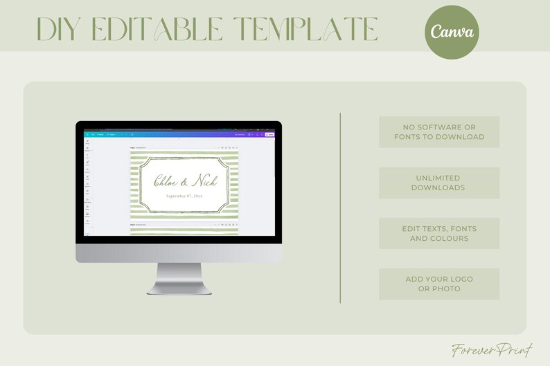 May include: A computer monitor displays a DIY editable template for Canva. The template features a design with the names "Chloe & Nich" and the date "September 21, 2024". Additional text includes "No software or fonts to download" and "Unlimited downloads".