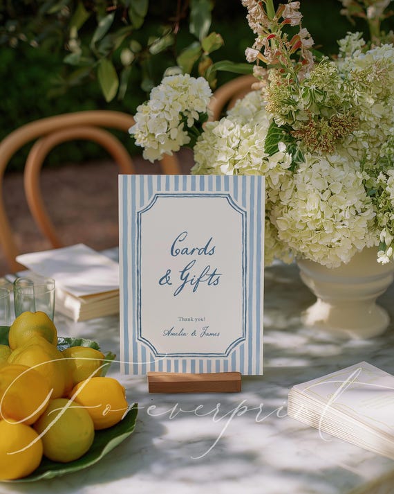 Cards and Gifts Sign Template, Elegant Blue Watercolor Stripes, Wedding Table Sign Printable, Editable, Bridal Shower Gift Sign 022