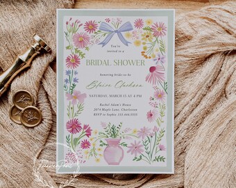 Invitación floral para despedida de soltera, invitación con lazo floral para despedida de soltera, invitación con lazo, plantilla editable para despedida de soltera, invitación con jardín de primavera