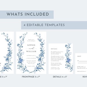 May include: Four editable wedding invitation templates with a blue floral design. The templates include a back page, front page, details card, and RSVP card. The text on the front page reads "Kindly join us for the wedding of Sophie and William".