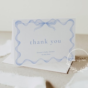 Modello di biglietto di ringraziamento con fiocco blu, biglietto di ringraziamento modificabile, biglietto di ringraziamento stampabile, biglietto di ringraziamento con fiocco, biglietti di ringraziamento per baby shower blu LAUREN