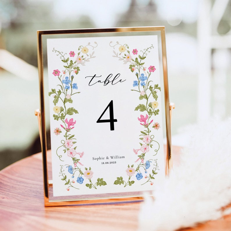 Wildflower Wedding Table Numbers Template, Printable Table Numbers, Wedding Table Numbers, Pastel Wildflower Invitation, Floral Wreath ROSIE image 3