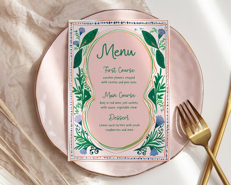 Colorful Floral Spring Menu Template, Hand Drawn, Printable Dinner Menu ...