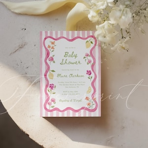 May include: A baby shower invitation with a pink and white striped background. The invitation features a pink border with floral and lemon illustrations. The text reads "Baby Shower" and includes details about the event.