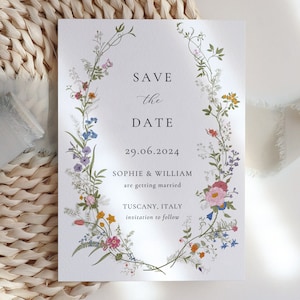 Enregistrer la date, Wildflower Wedding Invitation Template, Invitation de mariage imprimable, Save our date Wildflower Invitation, Floral Wreath, WH1