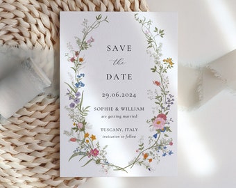 Save the date, Wildflower Wedding Invitation Template, Printable Wedding Invitation, Save our date Wildflower Invitation, Floral Wreath, WH1