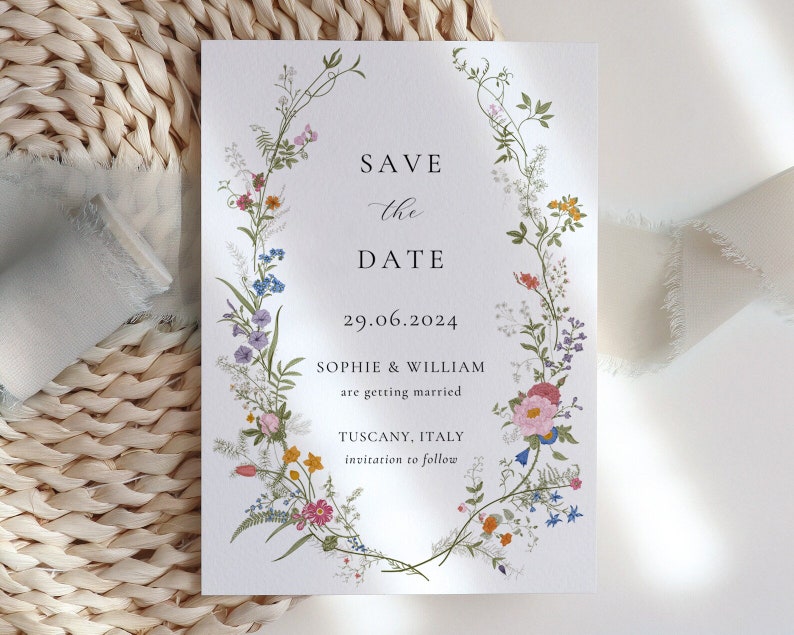 K&ouml;nnte beinhalten: Save-the-Date-Karte mit einem floralen Kranzdesign. Der Text lautet "Save the Date", "29.06.2024", "Sophie & William", "are getting married", "Tuscany, Italy" und "invitation to follow".