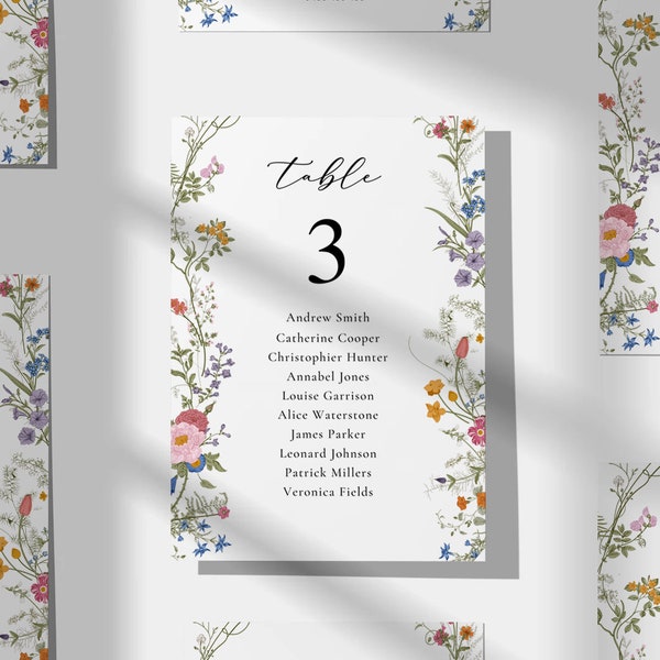 Wildflower Wedding Table Numbers Seating Chart, Editable Table Numbers, Wedding Table Numbers, Wedding Seating Chart, Floral Wreath WH1