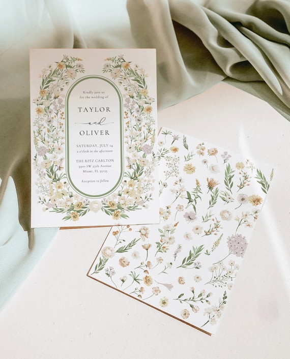 Wildflower Wedding Invitation Template, Printable Wedding Invitation, Wedding Invitation, Cream Wildflower Invitation, Floral Wreath, OK1