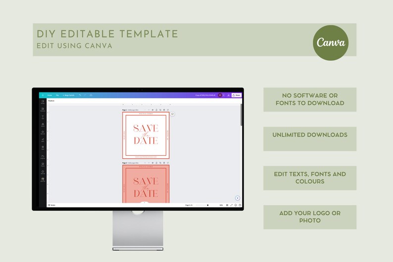 May include: A computer monitor displays a DIY editable template for a "Save the Date" card, designed using Canva. The card features a square frame with elegant typography. Additional text highlights the template's features: no software needed, unlimited downloads, and customizable text and colors.