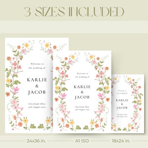 May include: Three wedding invitation designs with floral borders. The text reads "Welcome to the wedding of Karlie & Jacob" with the date and location. The sizes are 61x91 cm, A1 ISO, and 46x61 cm.