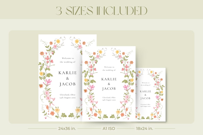 May include: Three wedding invitation designs with floral borders. The text reads "Welcome to the wedding of Karlie & Jacob" with the date and location. The sizes are 61x91 cm, A1 ISO, and 46x61 cm.