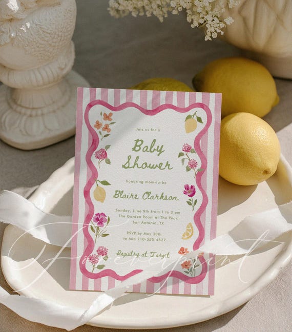 Pink Floral Citrus Baby Shower Invitation Template, Watercolor Garden Party, Editable Digital 046