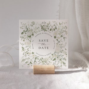 Réservez la date, Modèle d’invitation de mariage carré, Invitation de mariage imprimable, Enregistrez notre date Invitation aux fleurs sauvages, Couronne florale, MK1