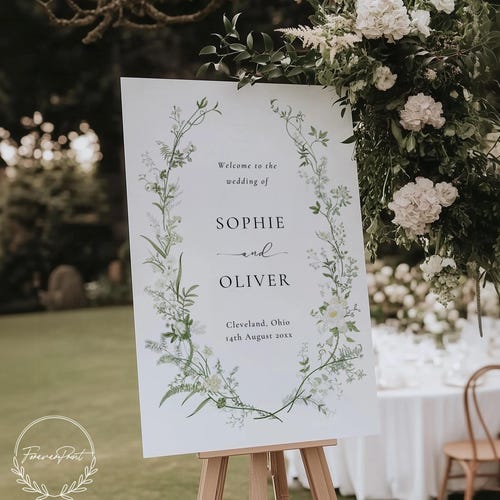 White and Green Floral Wedding Welcome Sign, Greenery Welcome