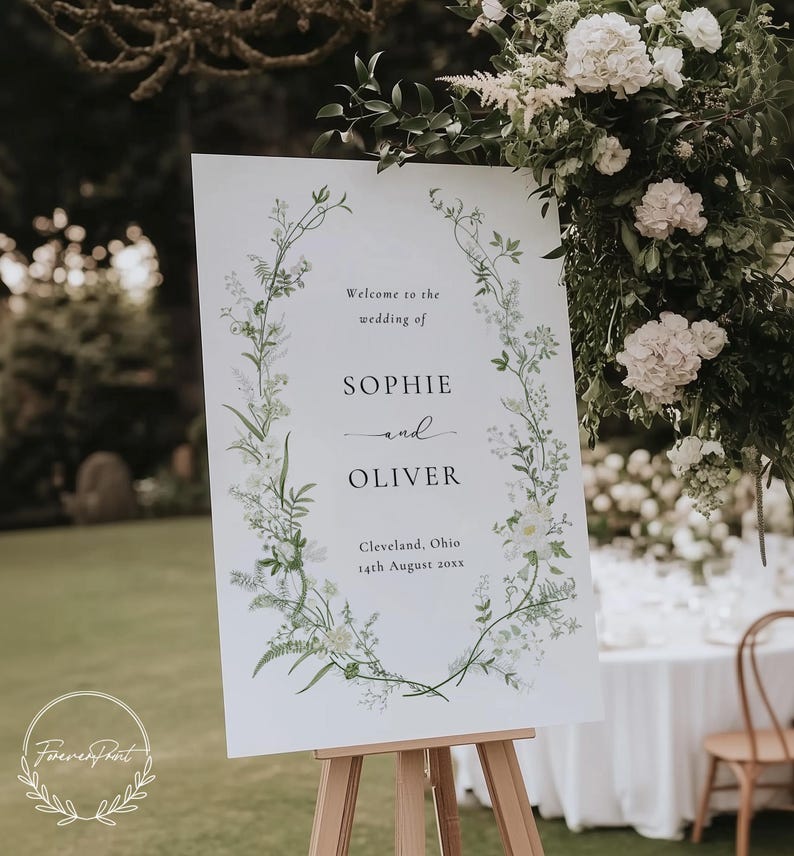 Placa de boas-vindas floral branca e verde para casamento, modelo de boas-vindas com vegetação, placa de boas-vindas, download instantâneo, modelo editável de pôster de boas-vindas MK1 imagem 1