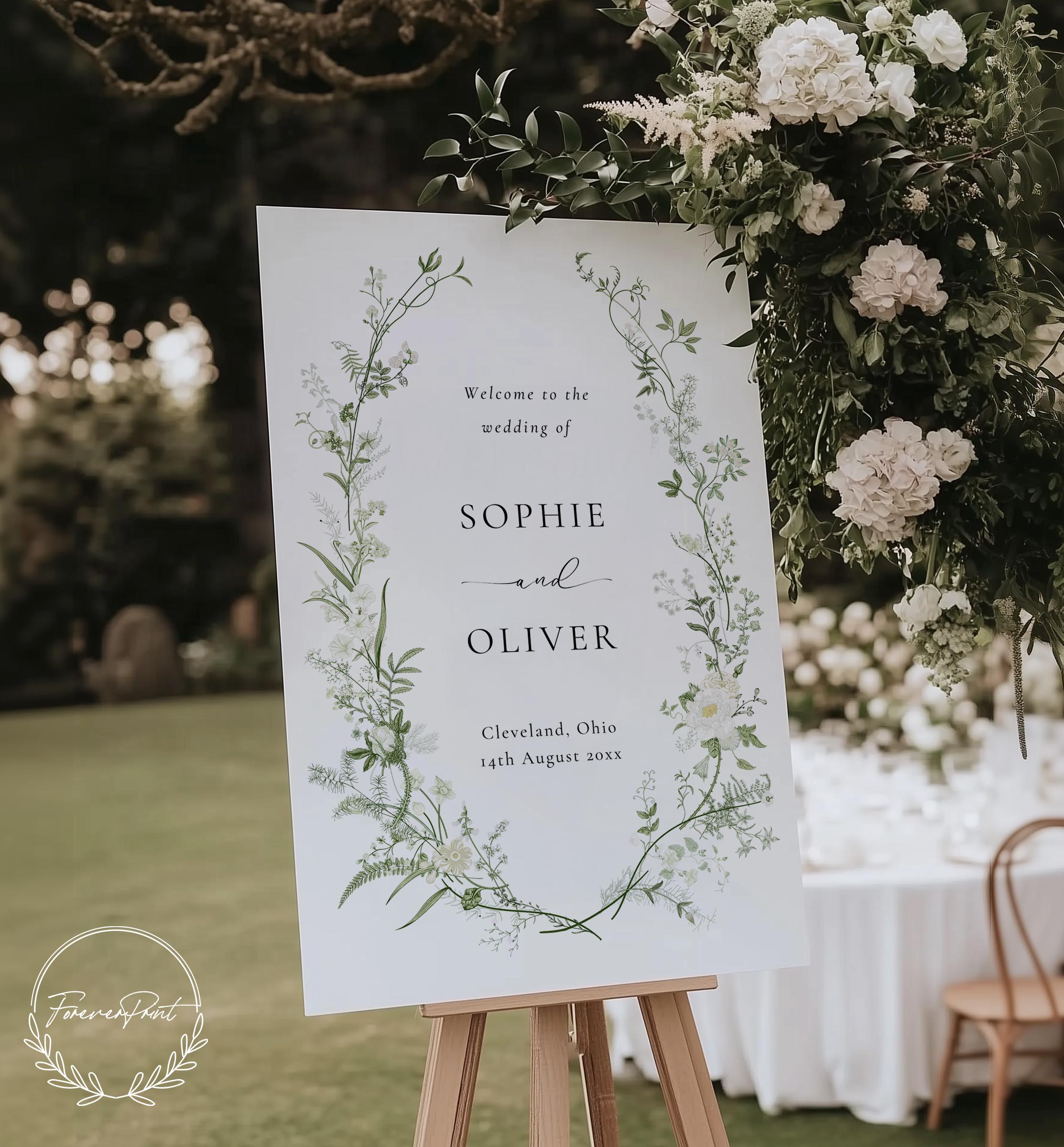 White and Green Floral Wedding Welcome Sign, Greenery Welcome