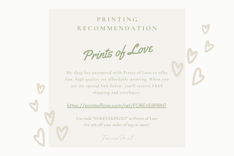 以下が含まれることがあります： 印刷の推奨事項と「Prints of Love」と書かれた緑色のテキストが書かれた白いカード。カードには、Prints of Loveへのリンクと、49ユーロ以上の注文で10％割引になるクーポンコードが記載されています。