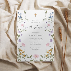 Wildblumen Taufe Einladungsvorlage | Wildblumen Taufeinladung | Religiöses Kreuz | Florale Einladung