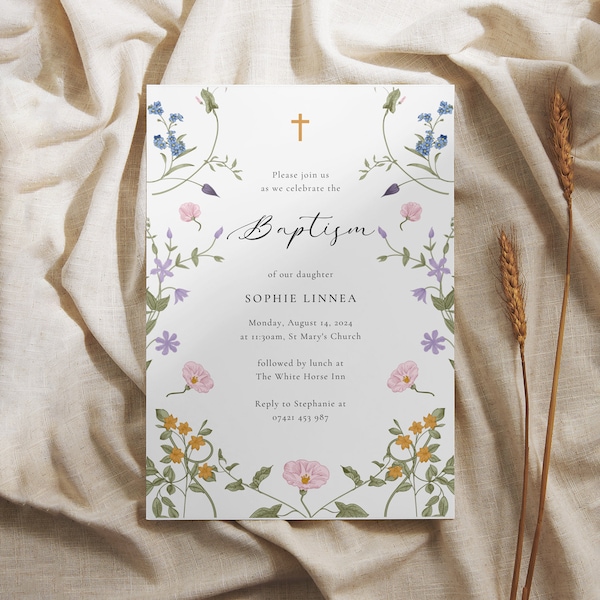 Wildflower Baptism Invitation Template | Wildflowers Christening Invitation |  Religious Cross | Floral Invitation