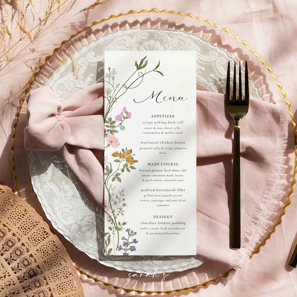 Wildflower menu template, Garden party bridal shower menu, Boho flowers event menu, Wedding menu, Boho Modern Floral | INSTANT DOWNLOAD, WH1