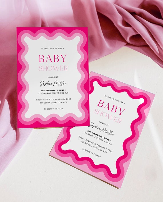 Girl Pink Baby Shower Invitation Template, DIY Baby Shower Invitation, Modern Baby Shower, Editable Invitation, Wavy Invitation