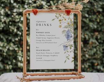 Wildflower Signature Drinks Sign, Printable Drinks Sign, Editable Bar Menu, Signature Drink Menu, Cocktail Bar, Floral Garden Wedding, BELLA