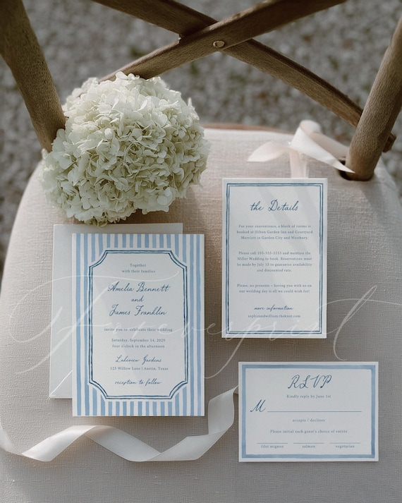 Blue Striped Wedding Invitation Suite, Editable Canva Template Set with RSVP & Details Card, Classic Elegant Printable Invitation 022