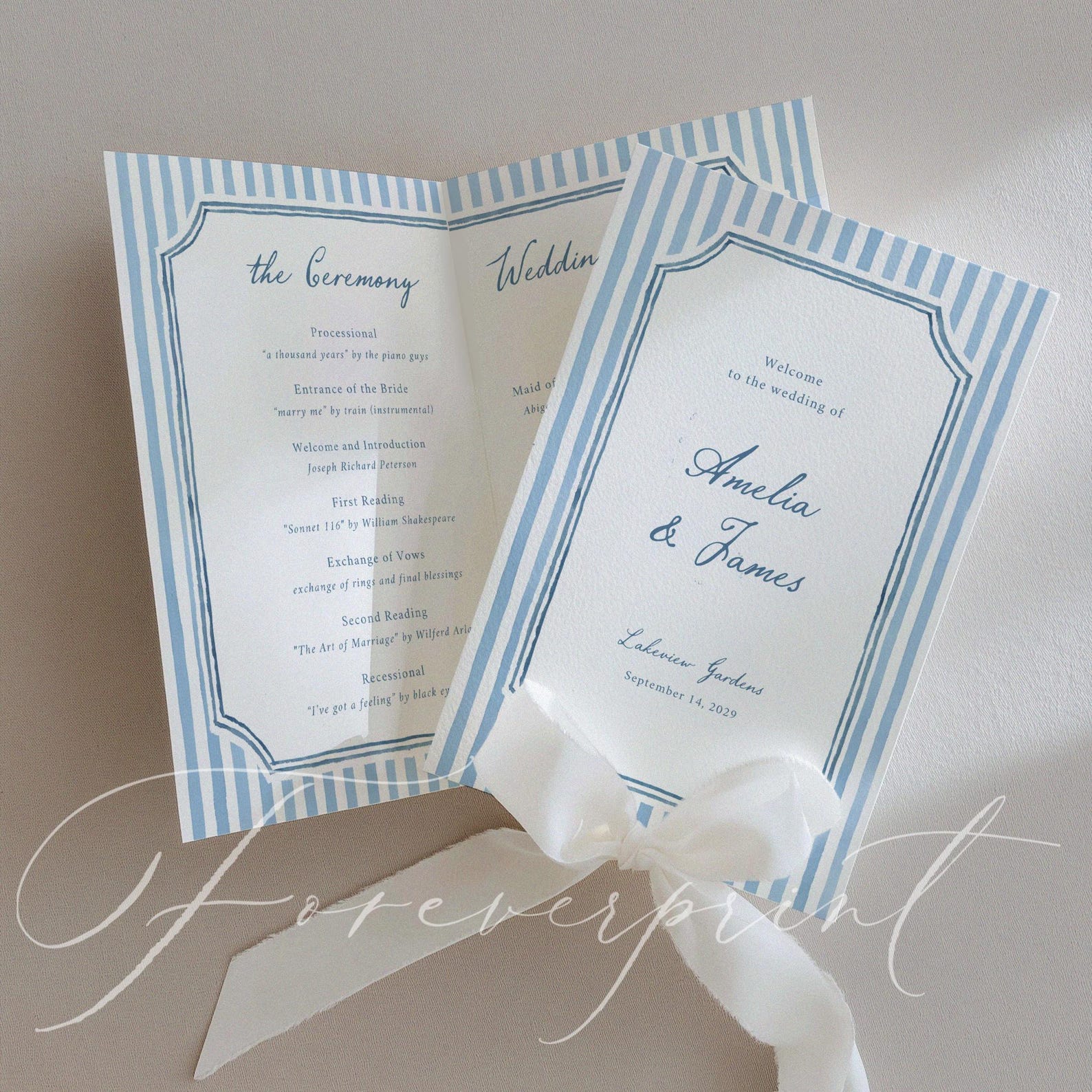 Program Pages Print Order Blue Striped Wedding Ceremony Program Booklet Template, Order of ...