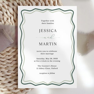 May include: A wedding invitation with a green and white border. The invitation reads "Together with their families Jessica and Martin invite you to celebrate their marriage Saturday, May 28, 2023 at five o'clock in the evening The Cosener's House 15 Abbey Close, Oxford reception to follow"