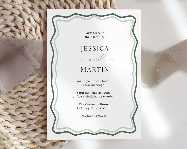 Sage Green Minimal Wedding Invitation Template, Modern Sage Green Wedding Invite Set, Wavy Invitation, Curved Invitation, Printable RSVP image 6