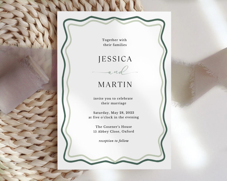 May include: A wedding invitation with a green and white border. The invitation reads "Together with their families Jessica and Martin invite you to celebrate their marriage Saturday, May 28, 2023 at five o'clock in the evening The Cosener's House 15 Abbey Close, Oxford reception to follow"