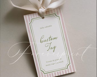 Editable Pink Striped Wedding Favor Tag, Sage Green Frame, Custom Printable Tag, Canva Template N25