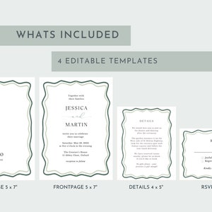 May include: Four editable wedding invitation templates with a green and white color scheme. The templates include a back page, front page, details card, and RSVP card. The text on the front page reads "Together with their families Jessica and Martin invite you to celebrate their marriage Saturday, May 18, 2020 at five o'clock in the evening The Country House 15 Abbey Close, Oxford Reception to follow"