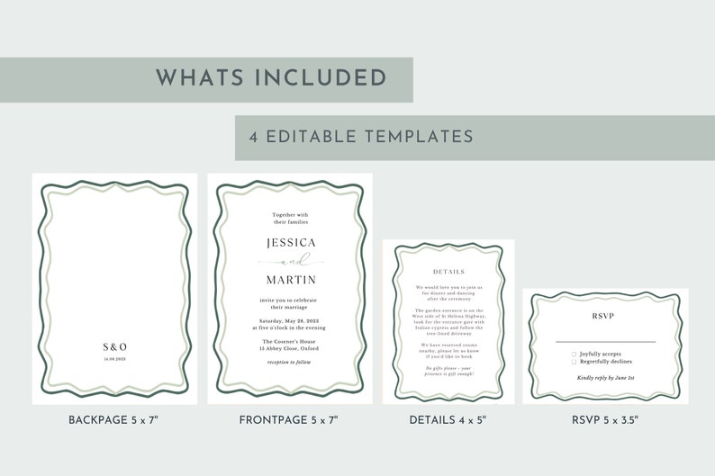 May include: Four editable wedding invitation templates with a green and white color scheme. The templates include a back page, front page, details card, and RSVP card. The text on the front page reads "Together with their families Jessica and Martin invite you to celebrate their marriage Saturday, May 18, 2020 at five o'clock in the evening The Country House 15 Abbey Close, Oxford Reception to follow"