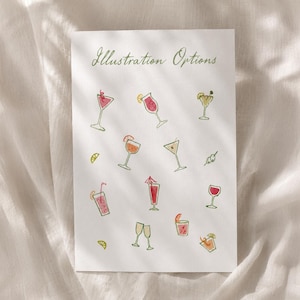 May include: A white paper with the text "Illustration Options" in green script. The paper features watercolor illustrations of various cocktails in different glasses, with garnishes like citrus slices and cocktail umbrellas.