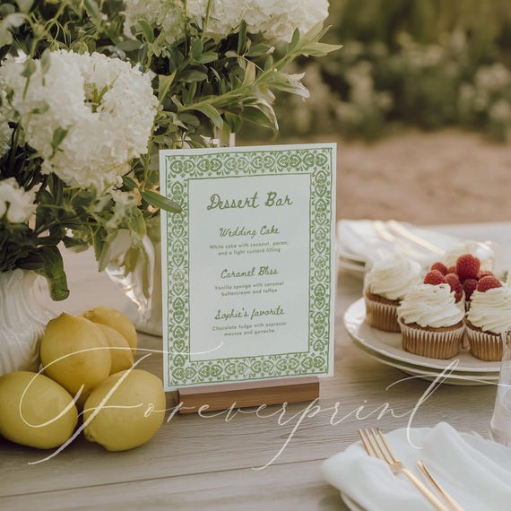 Green Border Dessert Bar Sign Template, Wedding/Bridal Shower Dessert Menu, Dessert Sign, Editable Template, Green Tile Border RUG01
